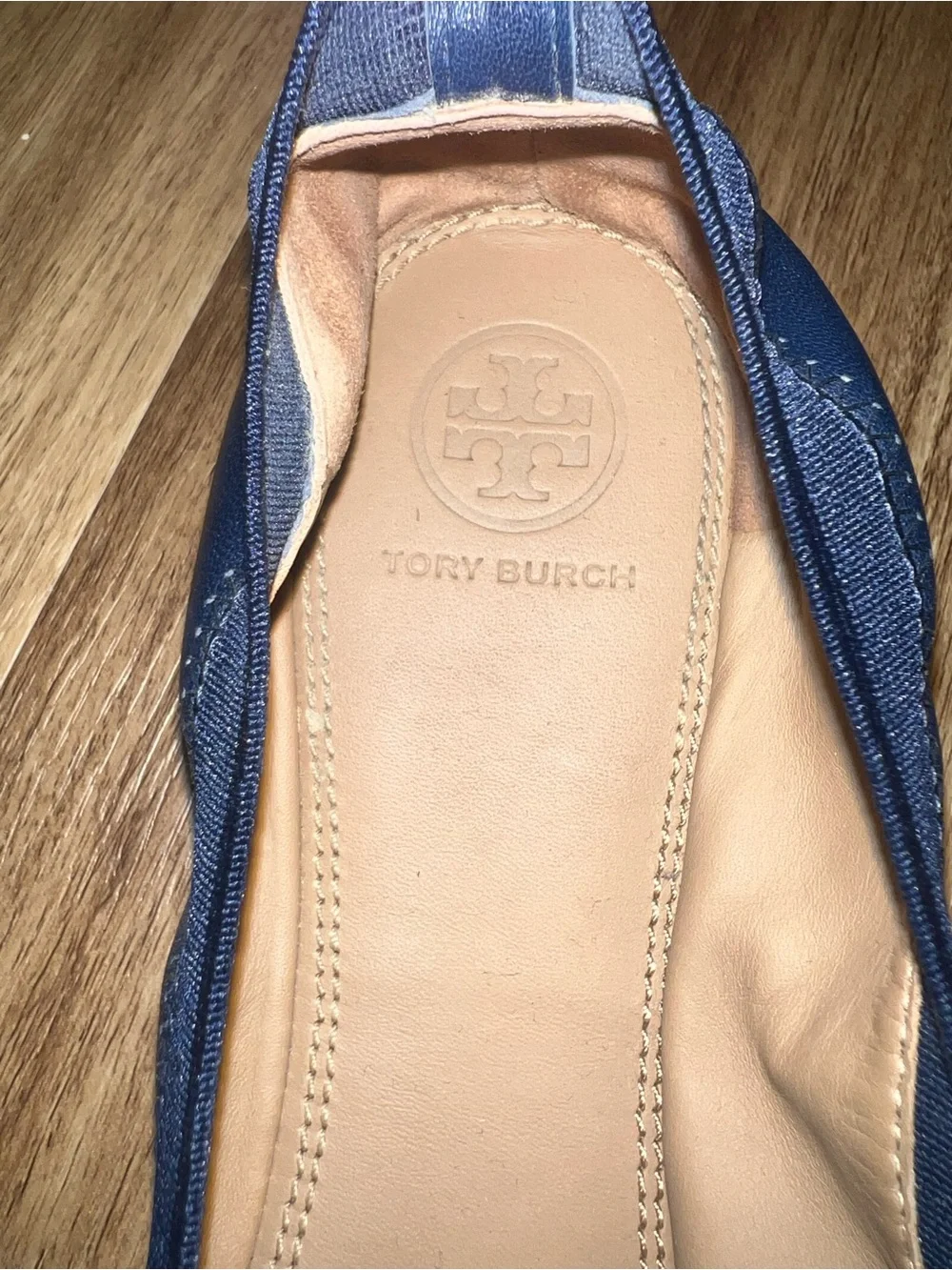 Tory Burch Navy Leather Ballet Flats with Gold Logo
